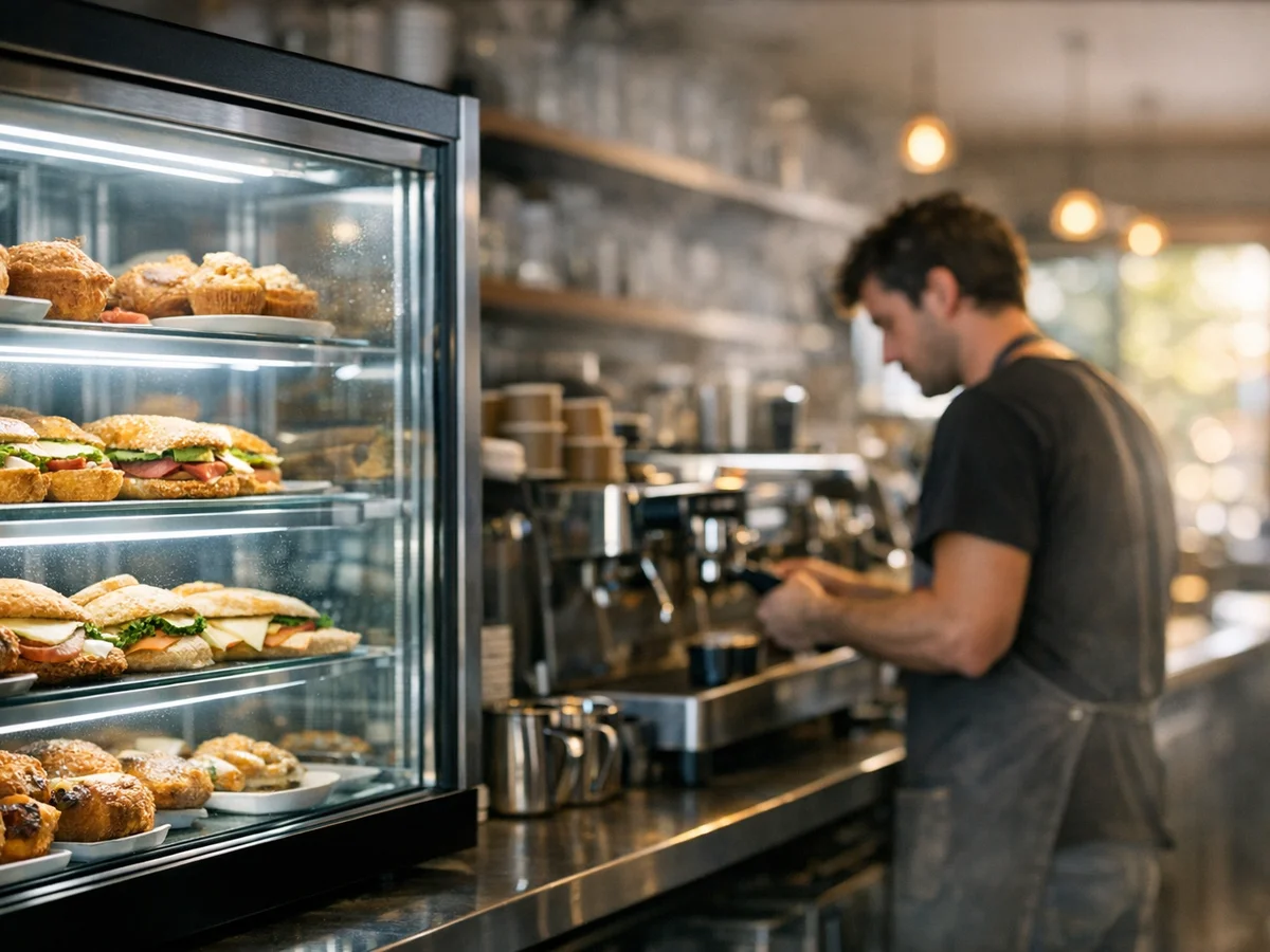 Specialty cafe with barista and pastry display fridge