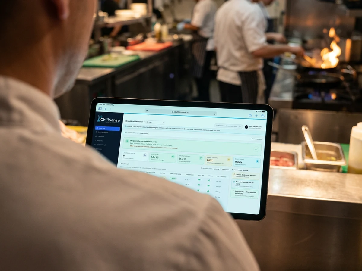 Chef reviewing ChillSense operational overview on iPad in a working restaurant kitchen