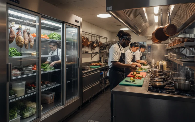 Hospitality kitchen with walk-in cool room and prep line