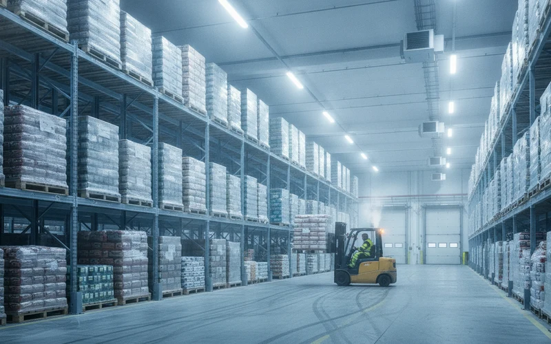 Food manufacturing cold storage aisle with forklift