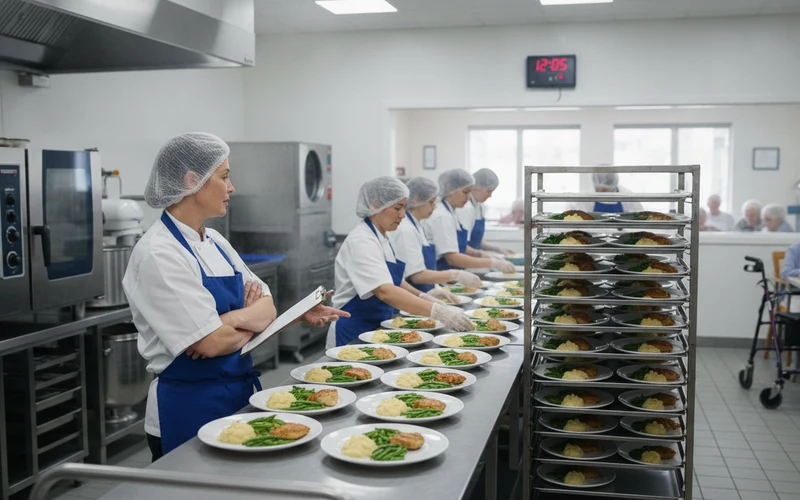 Aged-care catering supervisor overseeing meal staging