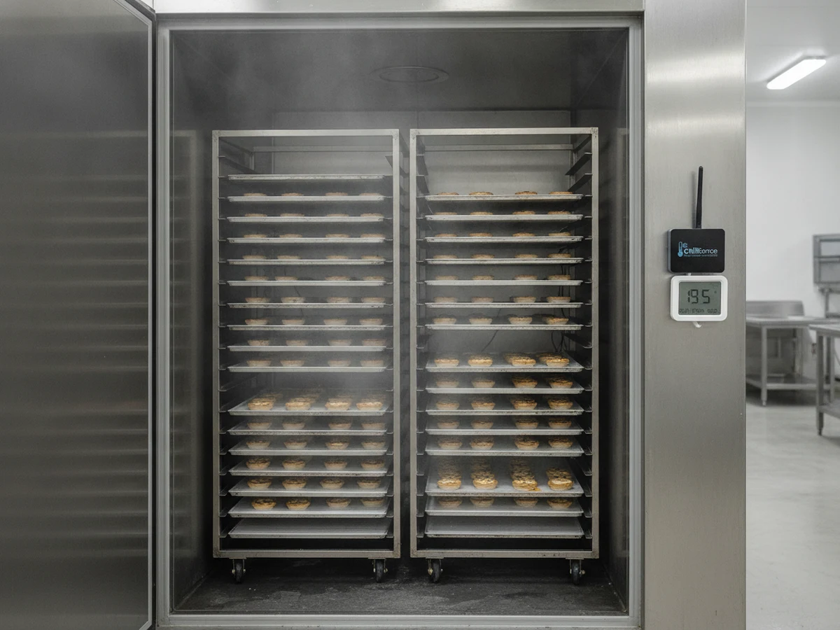 Blast chiller with trays mid-blast and wireless temperature sensor on interior wall