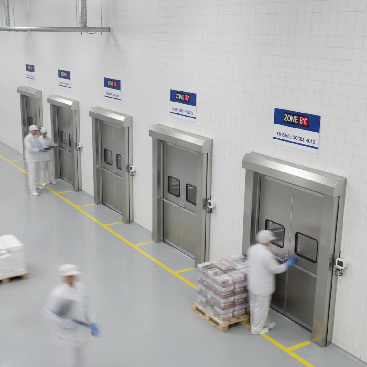 Food manufacturing production floor with multiple cool-room zones