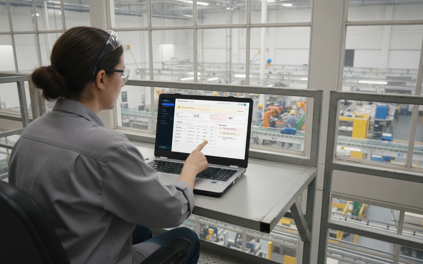 Manufacturing ops lead reviewing ChillSense dashboard on laptop overlooking production floor