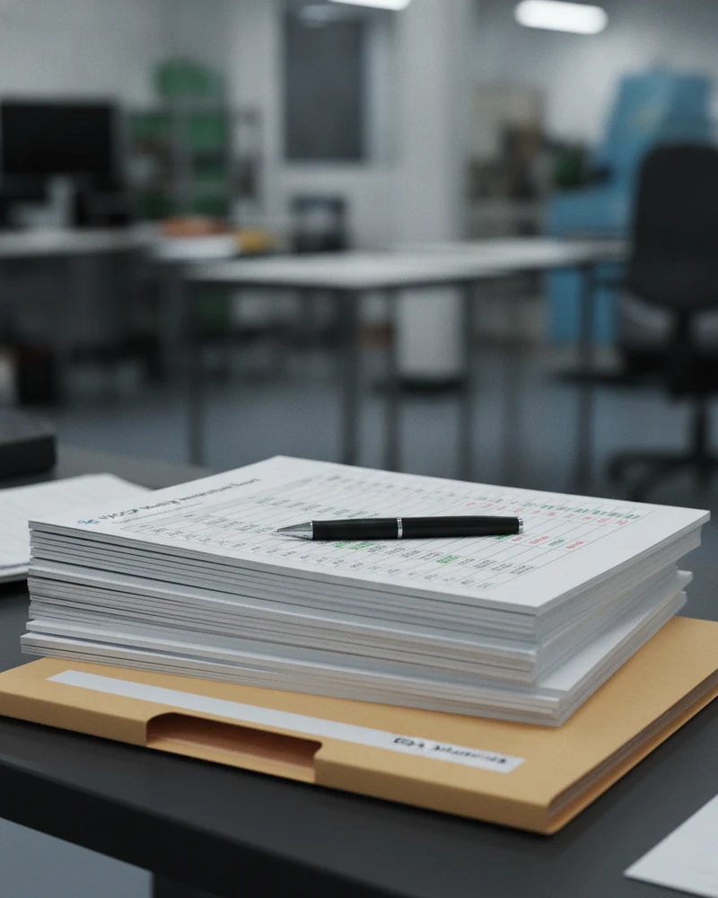 Stack of printed monthly HACCP quality assurance reports on QA desk