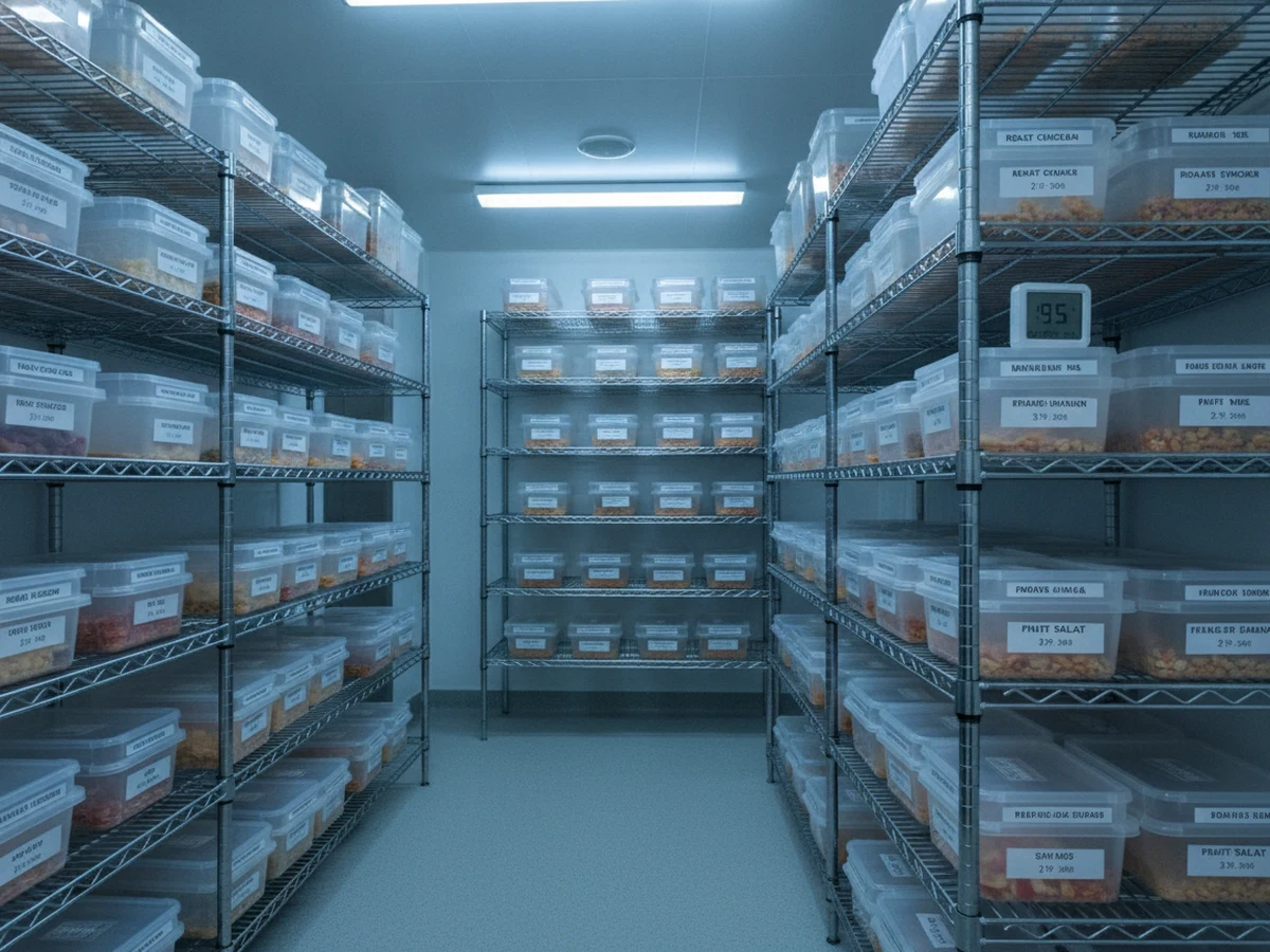 Aged-care walk-in cool room with wireless temperature sensor on shelf