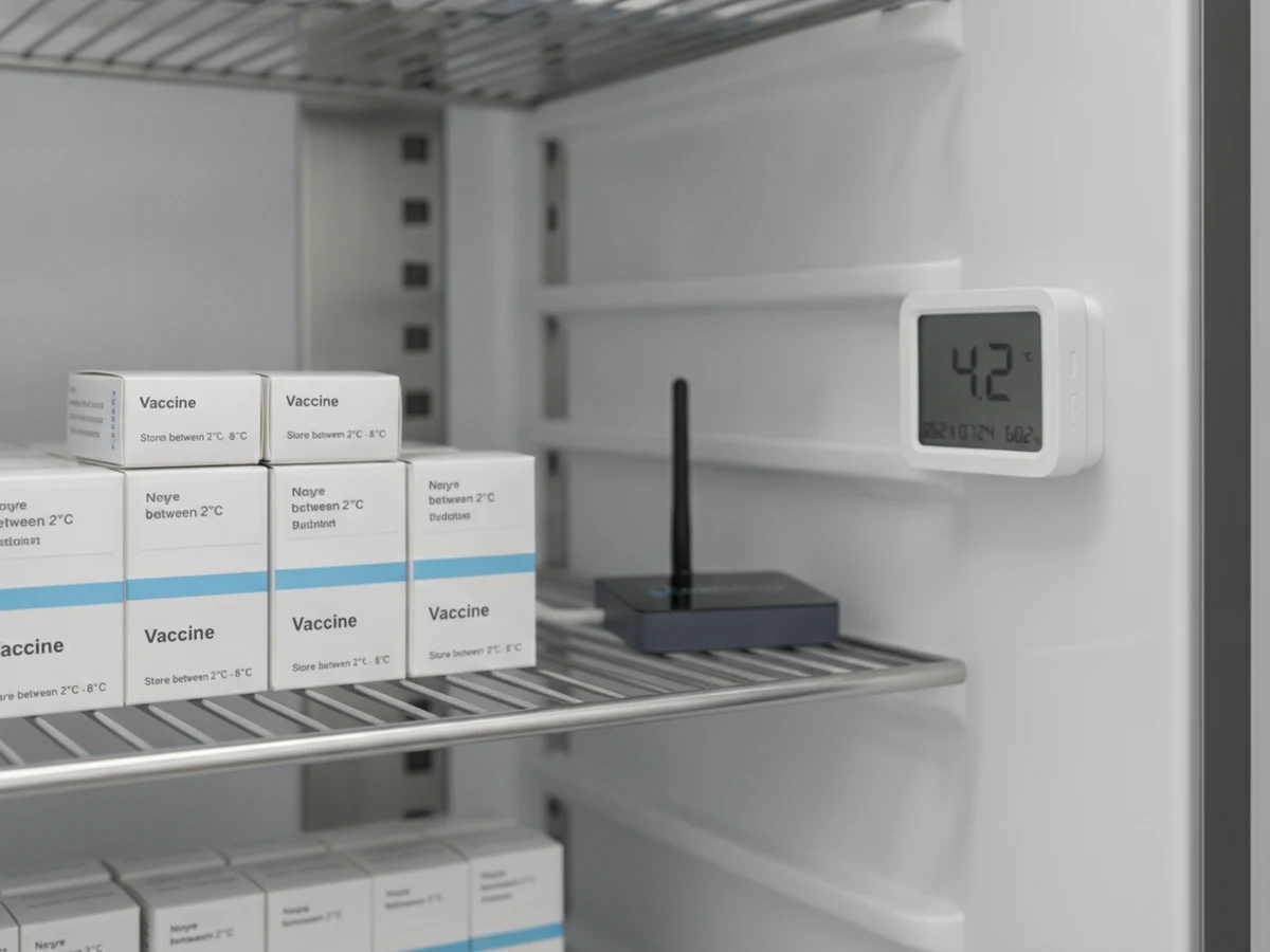 Pharmacy fridge interior with vaccine storage and wireless temperature sensor