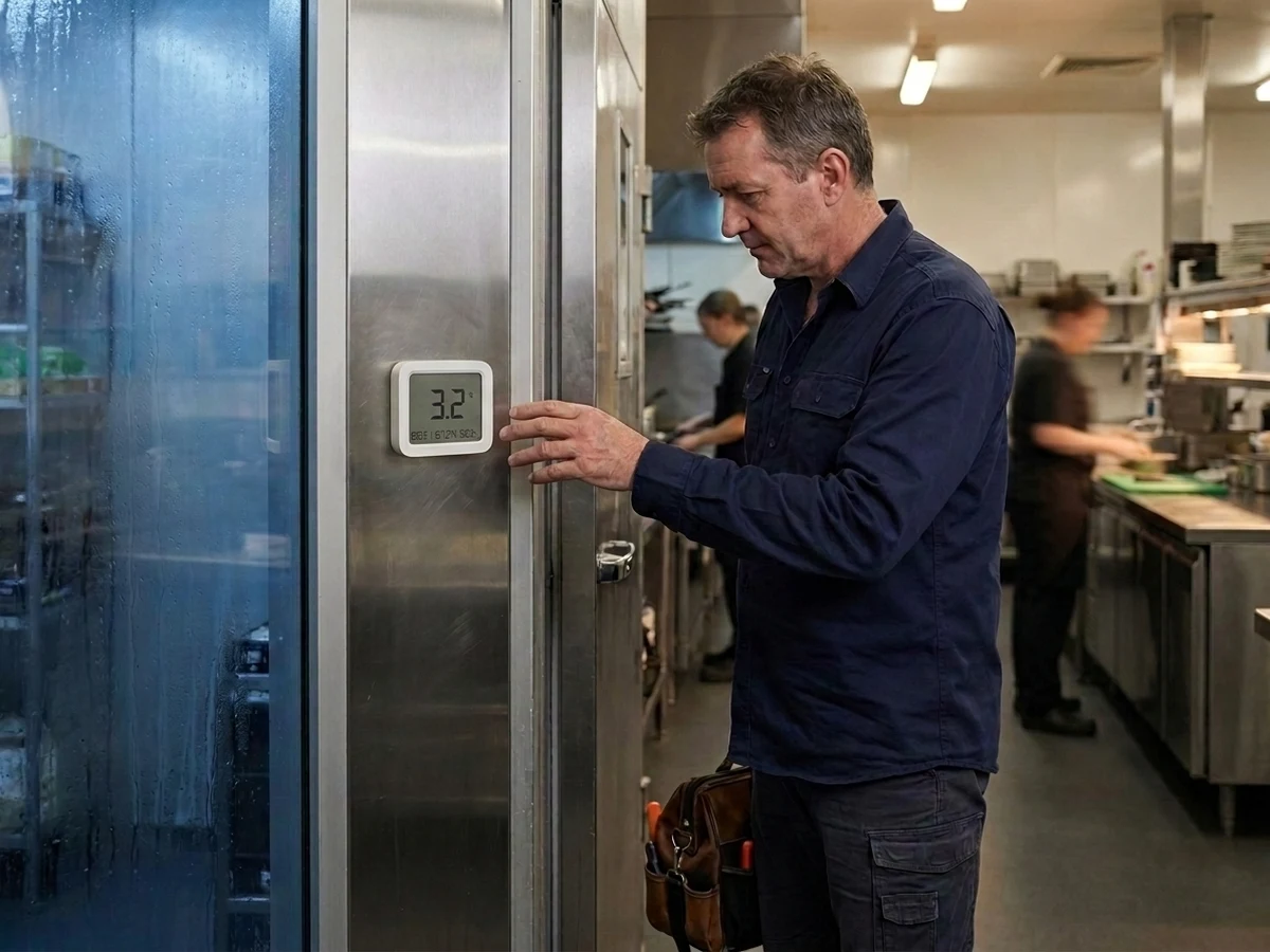 Refrigeration contractor checking a ChillSense sensor on a commercial cool room