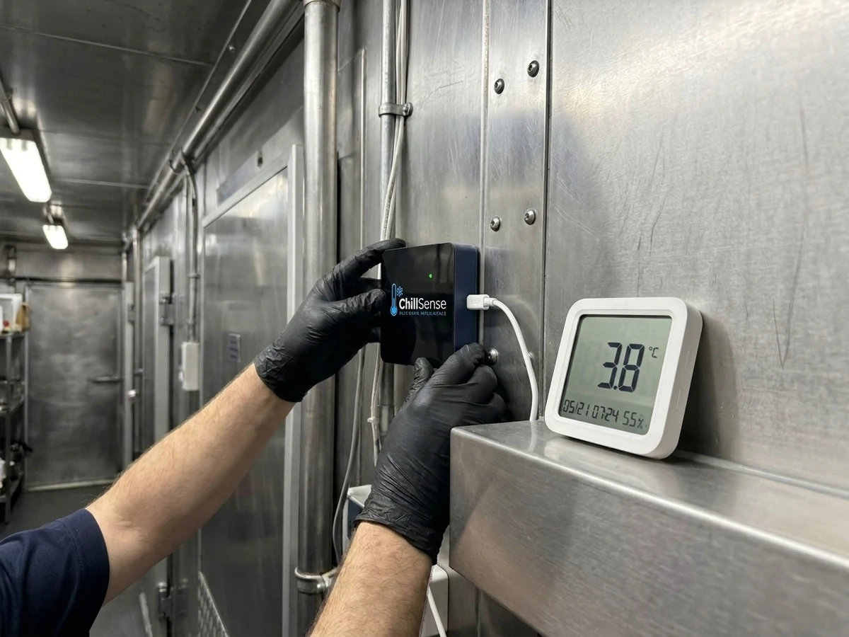 Technician mounting a ChillSense hub during a commercial kitchen install